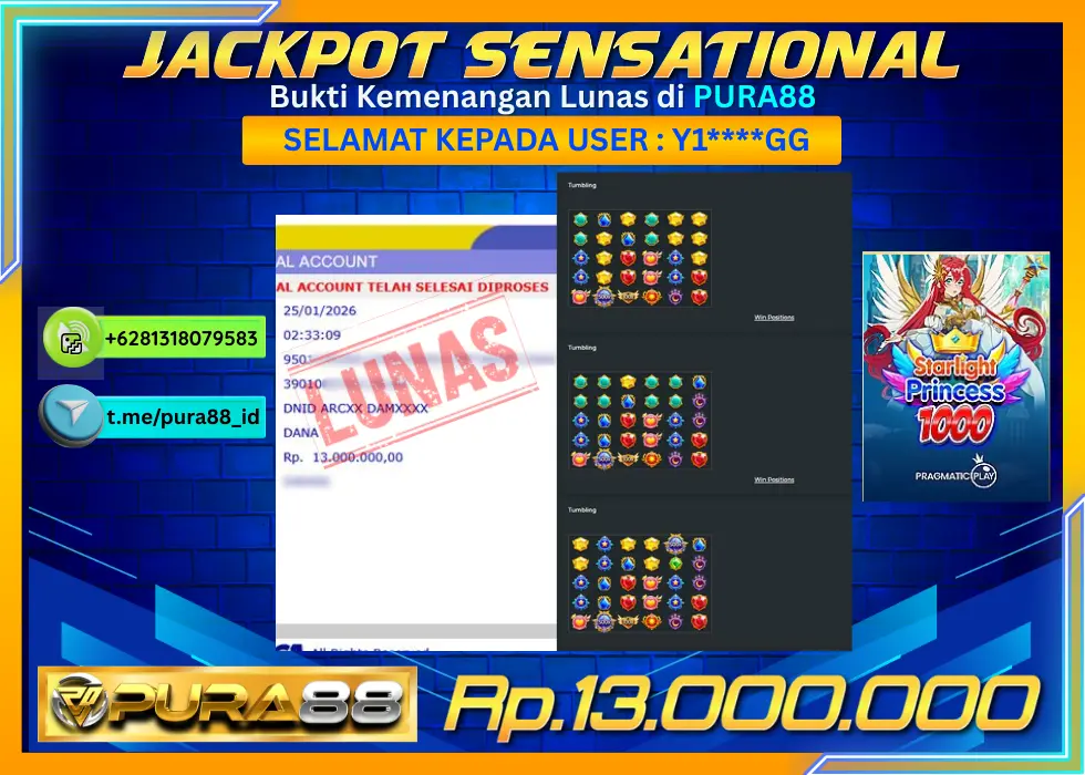 PURA88 JACKPOT STARLIGHT PRINCESS 1000 Rp 13.000.000,- LUNAS